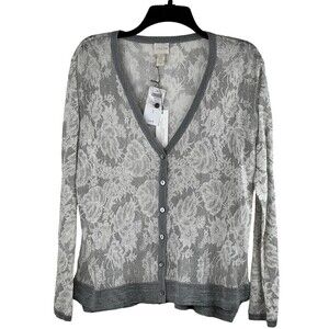 Chicos Long Sleeve Cardigan Henley Sweater Grey White Silver Sparkle Size M $109